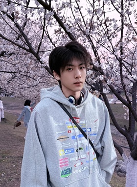 庞博文同款情侣卫衣男女春秋款连帽美式潮牌宽松纯棉2025新款灰色