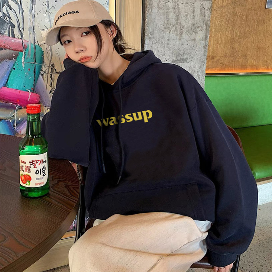 WASSUP连帽卫衣女2025新款爆款小个子纯棉潮牌秋冬加绒加厚藏青色