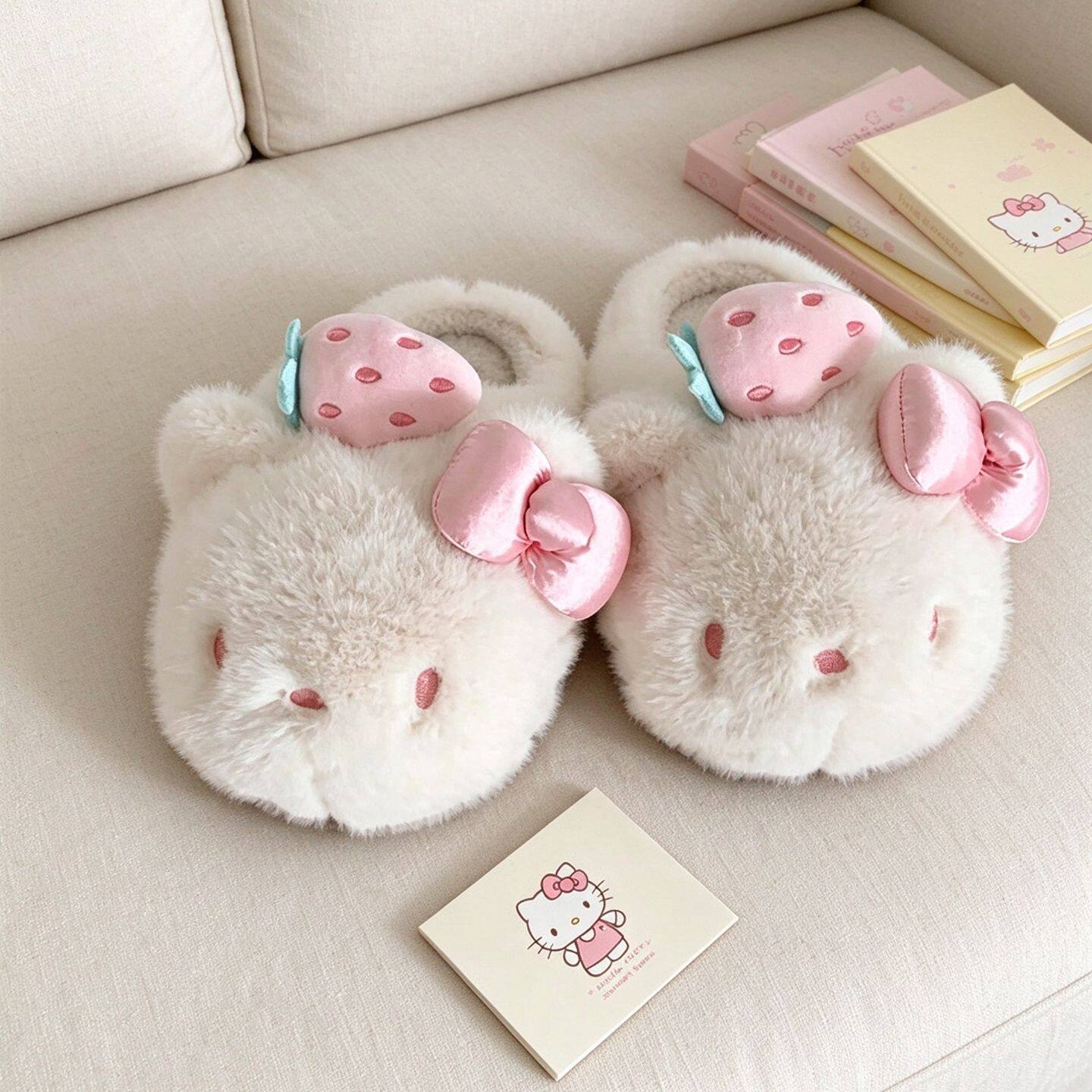 三丽鸥正版HelloKitty棉拖鞋女生球冬家居厚底加绒保暖草莓毛拖鞋