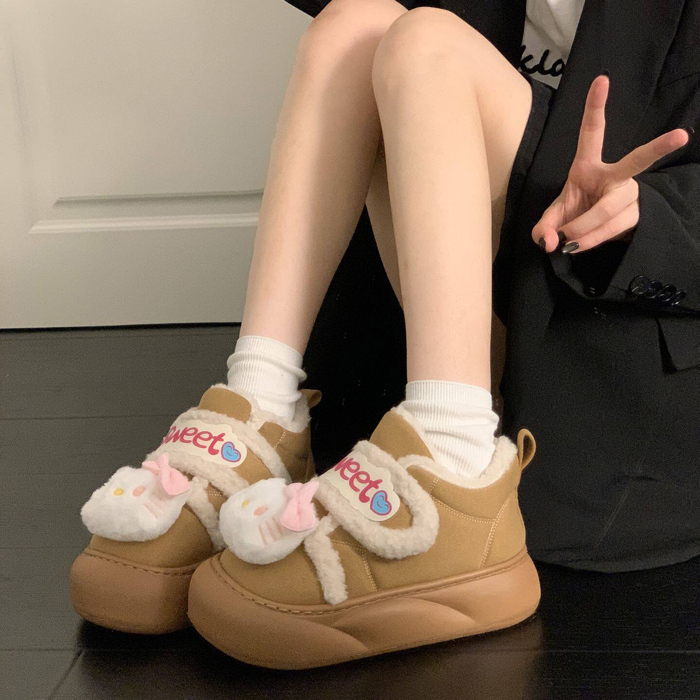 2026秋冬新款kitty可爱魔术贴增高雪地靴厚底加绒加厚棉鞋女外穿