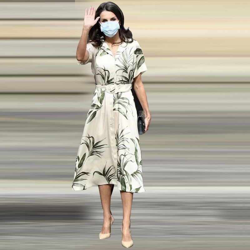 莱蒂齐亚王妃2023春夏西装领绿叶子印花飘逸衬衫裙长裙系带连衣裙