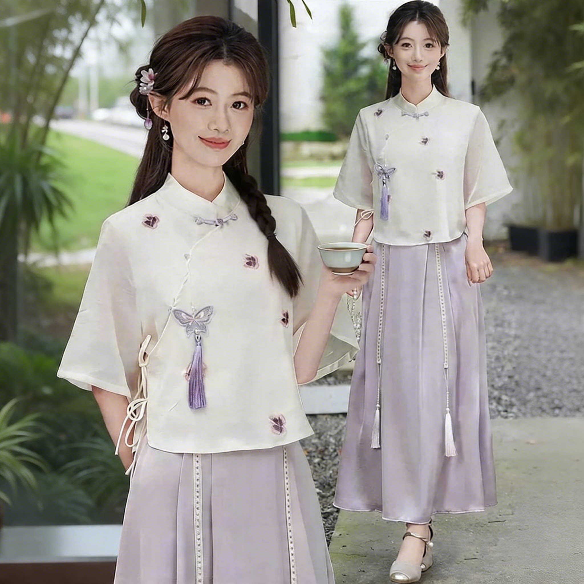 新中式国风茶服女改良七分袖立领唐装上衣养生采耳师工服显瘦套装