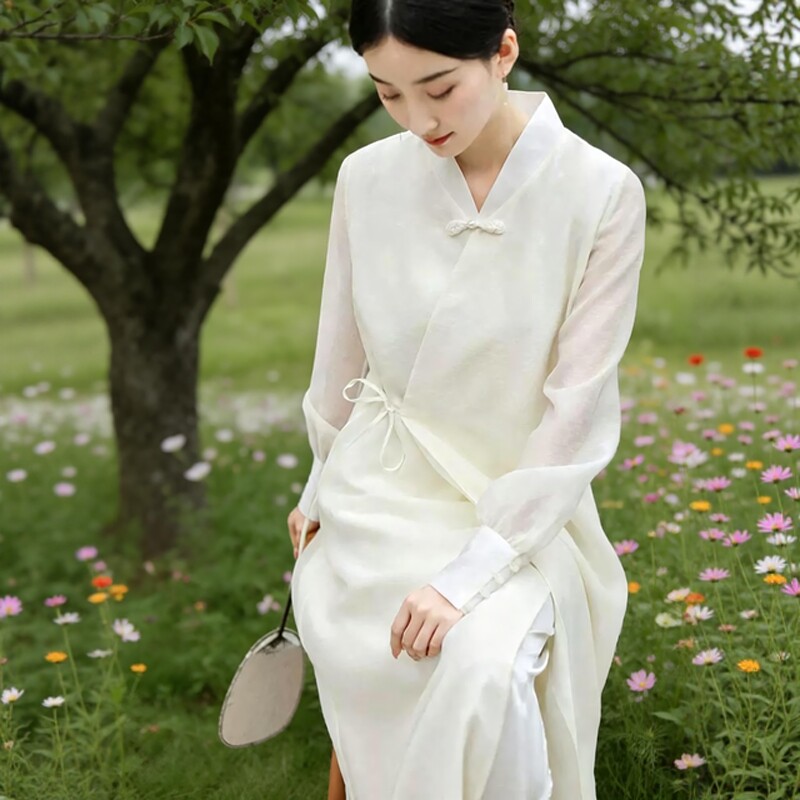 夏季新中式连衣裙女改良旗袍V领系带收腰禅意茶服仙气禅意茶服裙