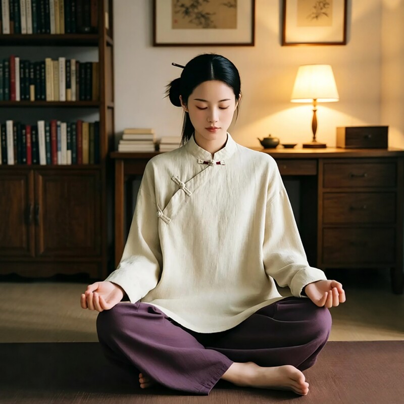中式女装禅修居士服女款棉麻盘扣上衣修行禅服女佛系禅意素衣套装