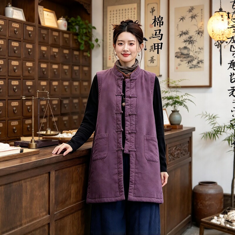 冬季新款马甲工作服定制中长款棉麻加厚中式棉背心中医养生师服装