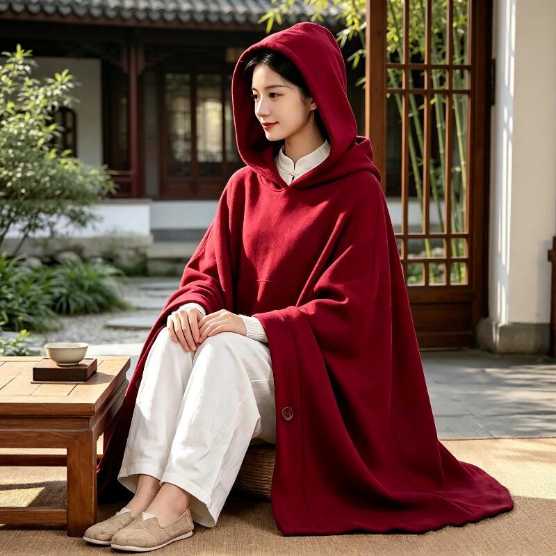 秋冬禅修打坐披风连帽斗篷男女摇粒绒居士服寺院禅意静坐观音斗篷