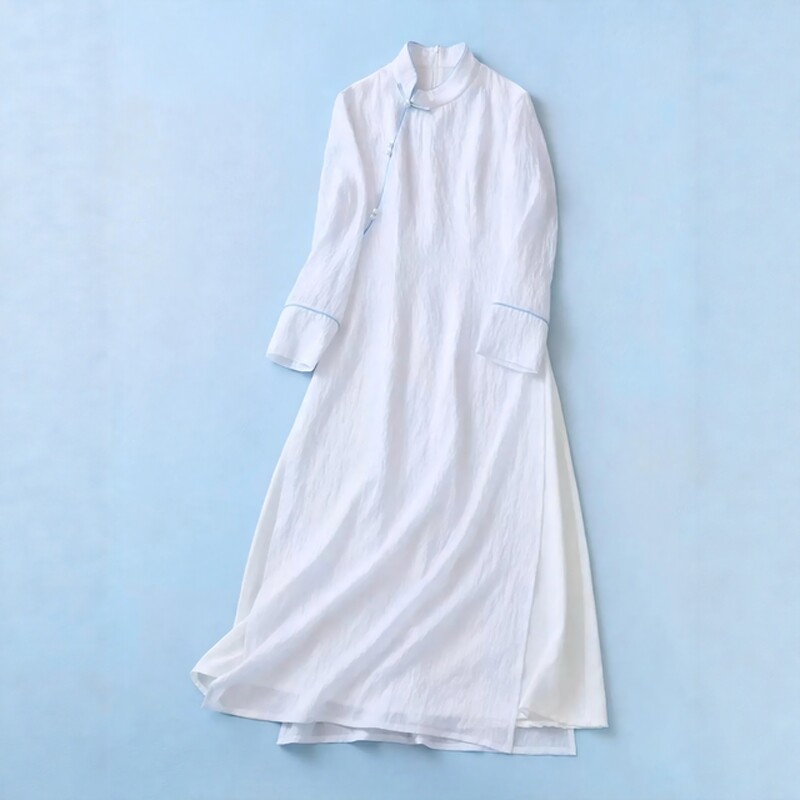 新中式禅意佛系女装复古立领改良旗袍白色仙气茶服修身国风连衣裙