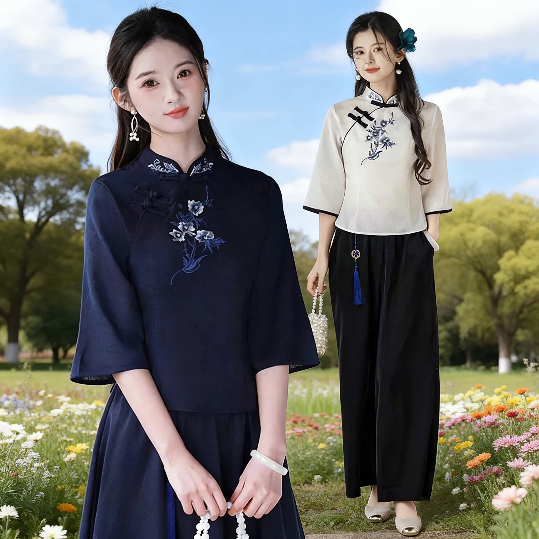 中国风复古禅意茶服女旗袍式上衣刺绣改良中式民宿唐装工作服套装