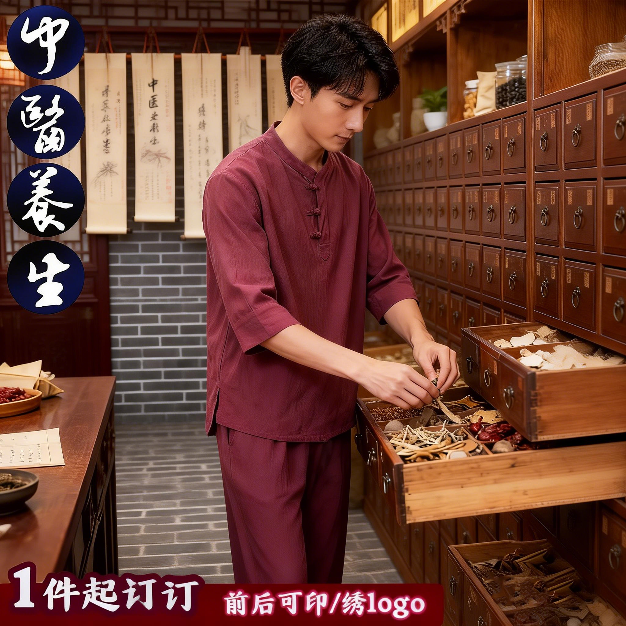 定制唐装套装中医养生馆工作服棉麻中医师药剂师服推拿理疗师服装