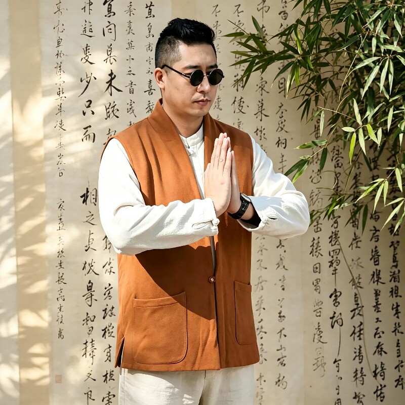 2026秋冬季居士禅修服男士毛呢夹棉坎肩中式国风复古禅意加厚马甲