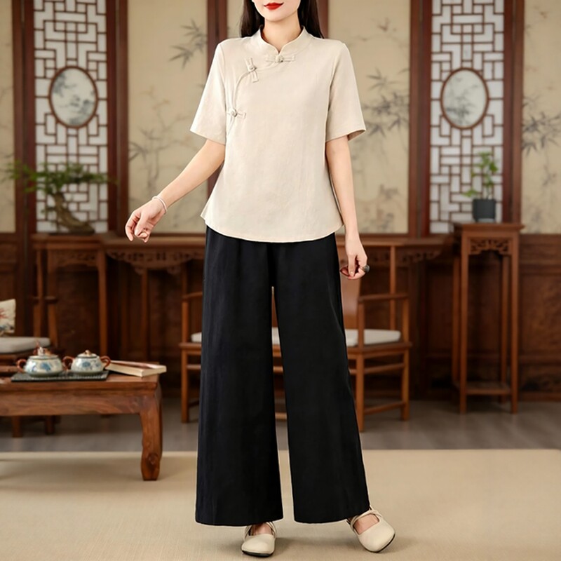 夏季短袖中式养生馆工作服女唐装上衣中医小儿推拿艾灸理疗技师服
