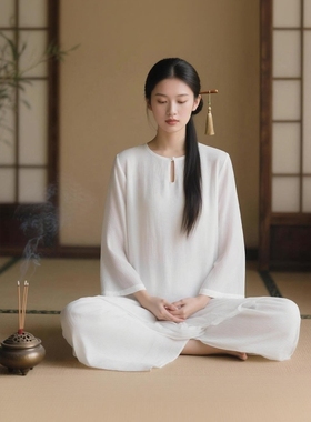 白色禅服仙气飘飘禅意佛系女装茶服打坐冥想心灵疗愈师工作服套装