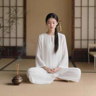 白色禅服仙气飘飘禅意佛系女装茶服打坐冥想心灵疗愈师工作服套装