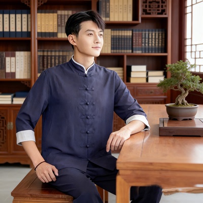 定制新中式国风工作服修行禅服男套装棉麻禅意居士太极练功服茶服