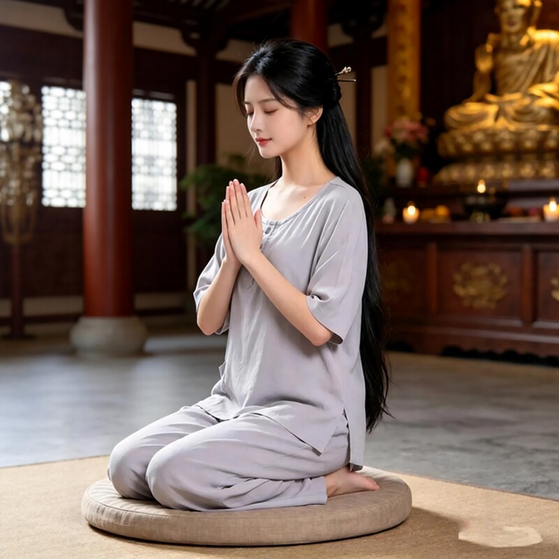夏季中式国风薄款短袖绵绸套装禅修居士服女款佛系禅意素衣禅服女