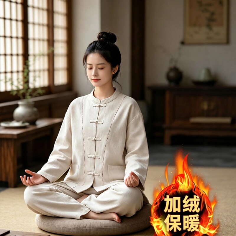 新中式国风禅修服唐装加绒保暖女套装佛系禅意女装修行禅服女素衣