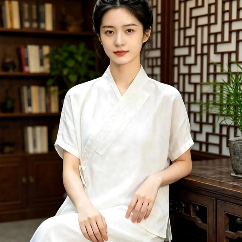 夏季新中式汉麻短袖衬衫V领系带上衣禅意佛系女装修行素衣禅服女