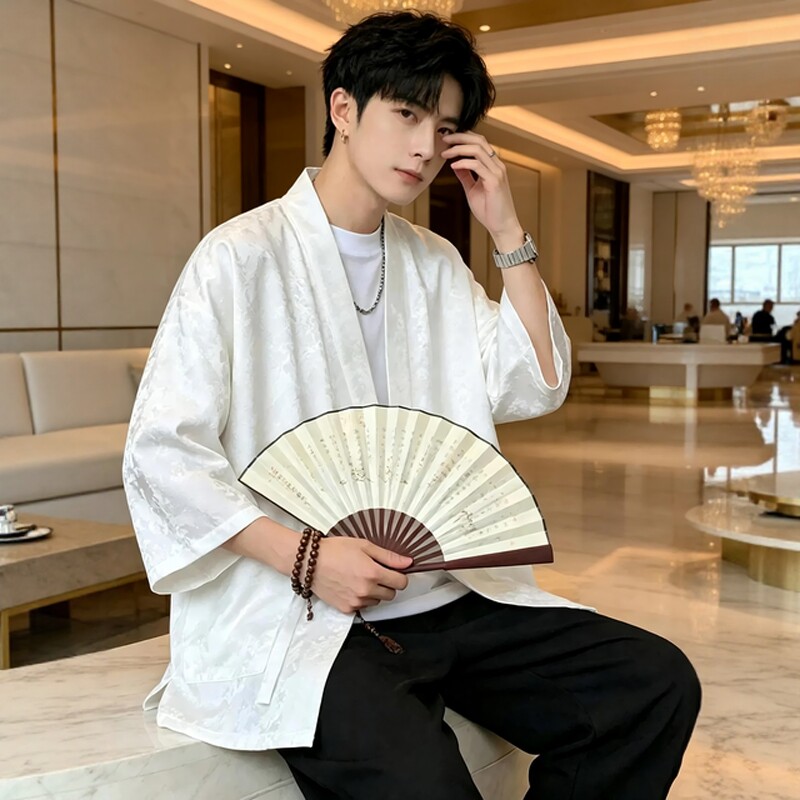 夏季禅意中国风缎面提花开衫道袍大码汉服中式佛系修行道家服装男
