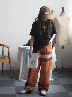 工笔花鸟女童色织亚麻裤子26新款中大童洋气休闲格子宽松直筒长裤
