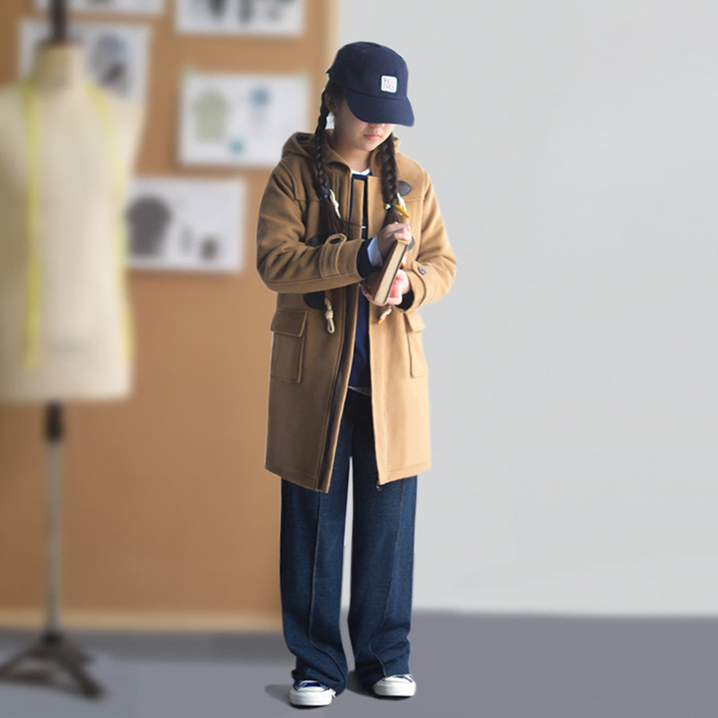 【工笔花鸟】女童毛呢大衣2022冬装儿童牛角扣外套大童韩版中长款