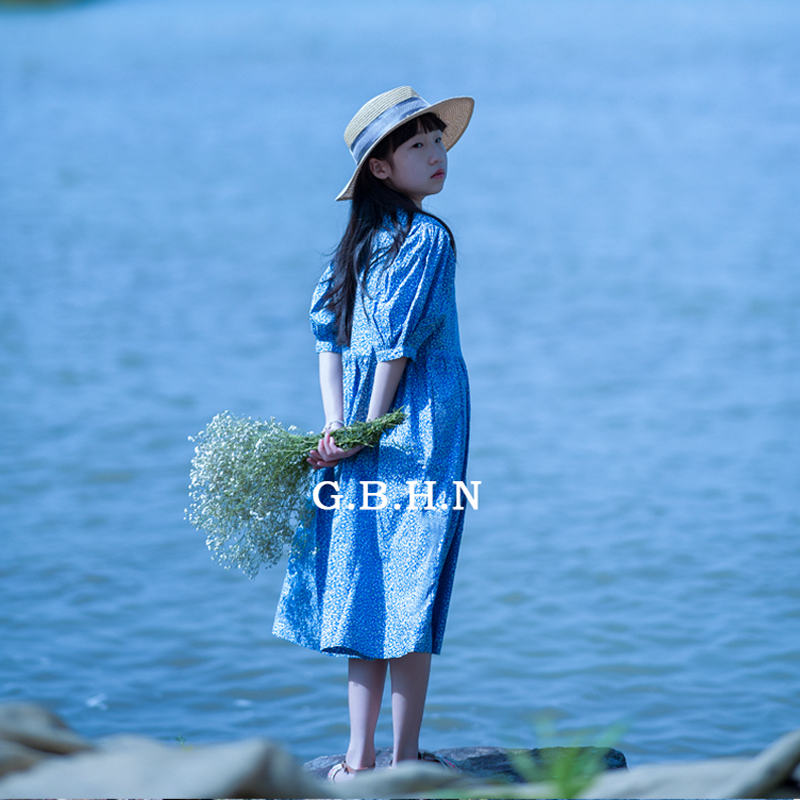 工笔花鸟亲子文艺法式碎花连衣裙
