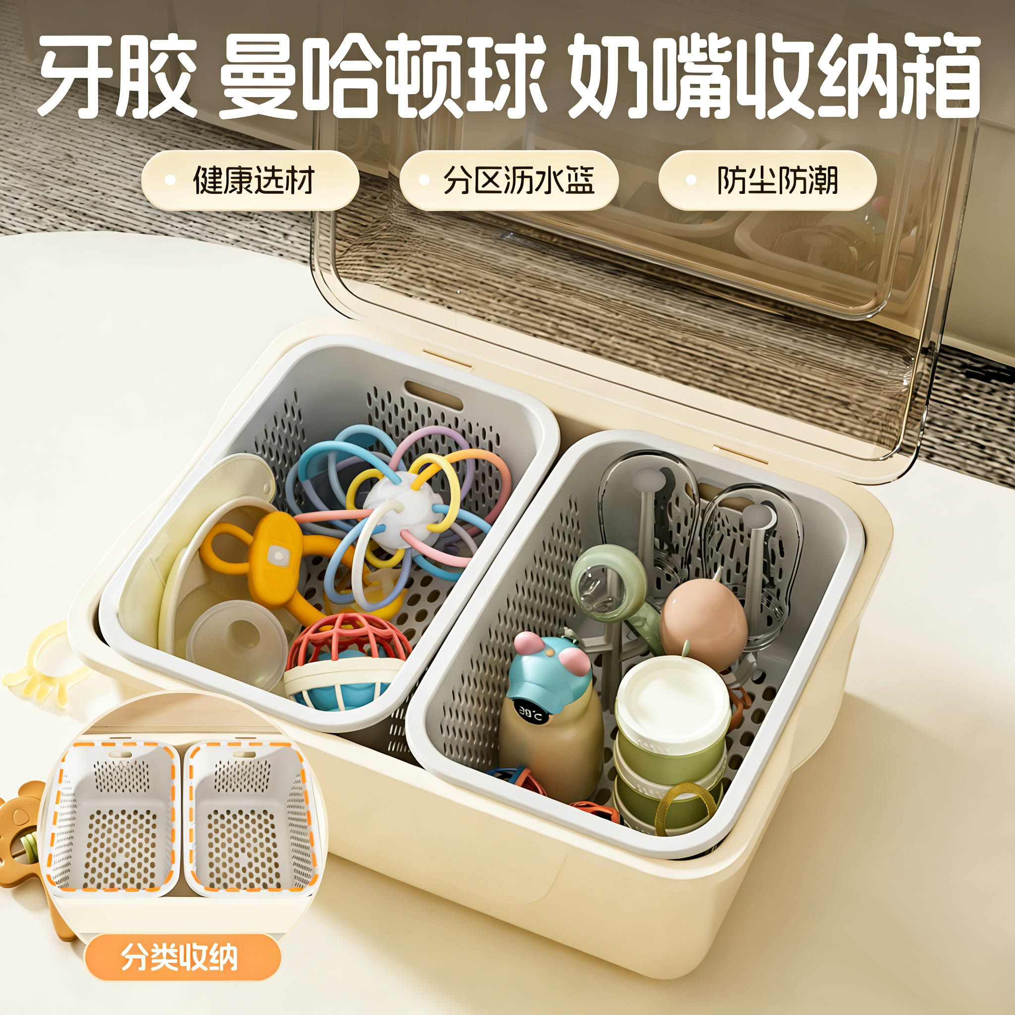 婴儿专用大容量牙胶收纳盒防尘曼哈顿球安抚奶嘴咬胶宝宝玩具收纳