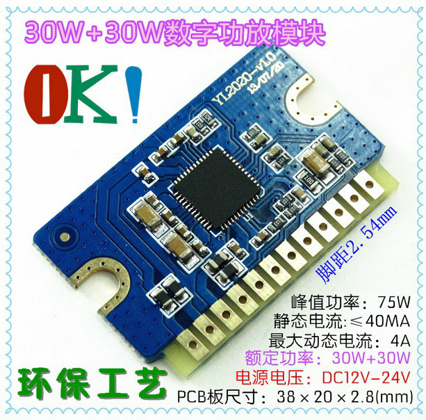 YL2020新款20W+20W D类数字功放板12V-24V迷你功放模块 音效好
