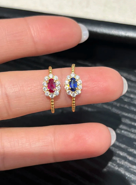 培育红蓝宝石925银镶钻复古女戒