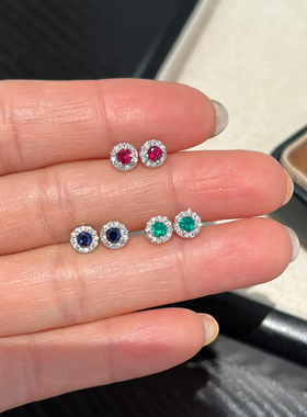 925通体纯银圆型培育红宝石耳钉女精致小巧mini蓝宝石耳饰耳骨钉