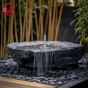 黑山石水钵流水摆件新中式庭院异形水池水景涌泉中国黑石盆石雕