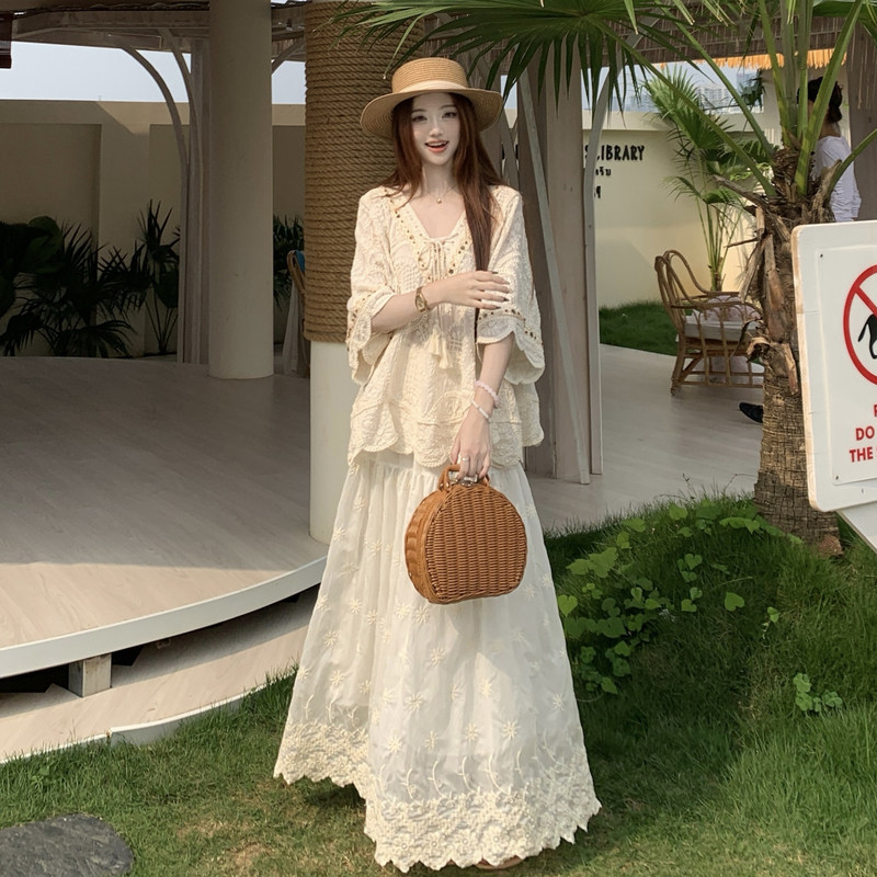 2026夏季新款大码套装钩花上衣+蕾丝半身裙两件套套装