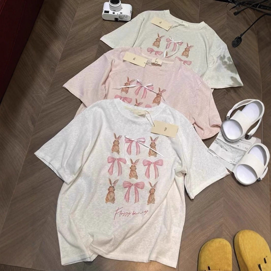 2025粉色短袖t恤女夏季新款设计感独特韩系宽松显瘦上衣甜美ins