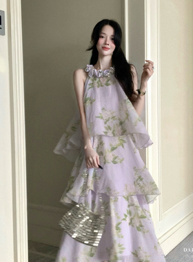 DARA ROSE-计款挂脖立体花朵领口设计多层不规则印花连衣裙S9011