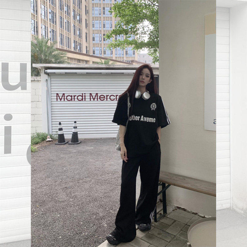 美式炸街运动服套装女夏季学生时尚宽松短袖长裤休闲跑步两件套潮