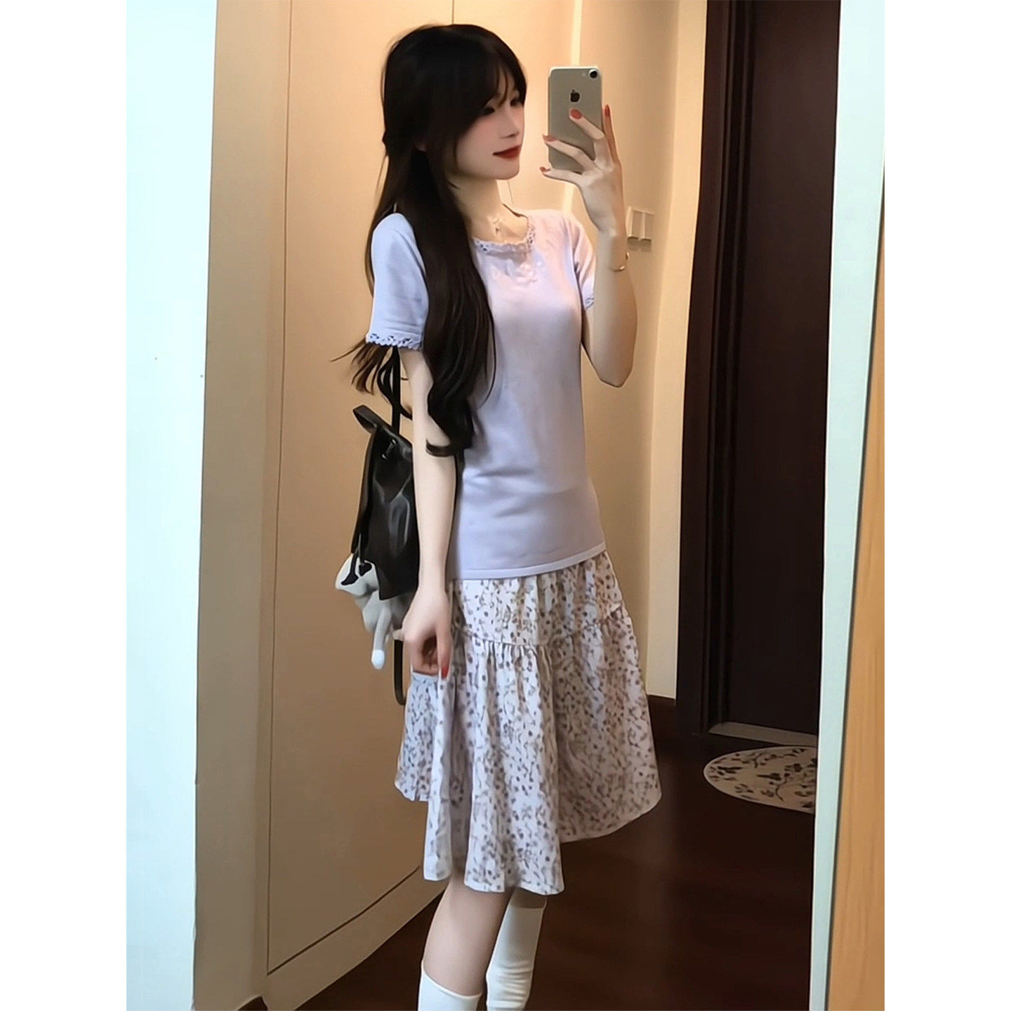 田园风休闲运动套装女夏季少女温柔修身显瘦花边短袖半身裙两件套