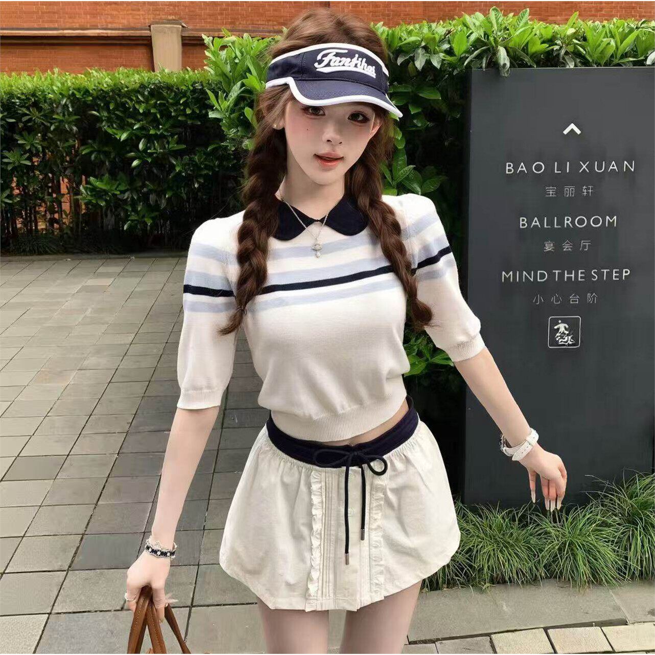 夏天穿搭一整套小个子韩系学院风撞色polo领针织上衣半身裙两件套
