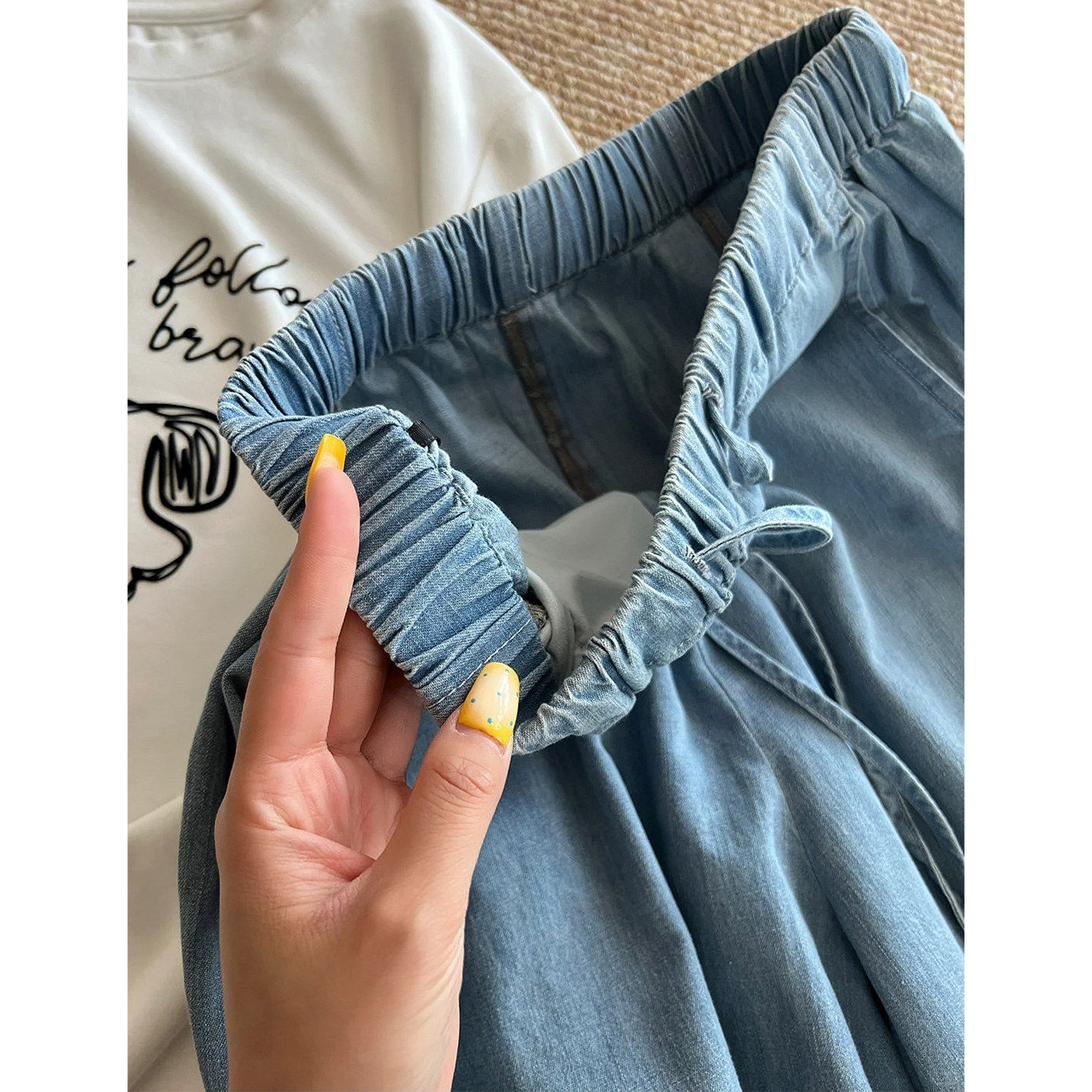 浅色冰丝裤女夏薄款慵懒风阔腿牛仔裤胖mm大尺码显瘦日系九分天丝