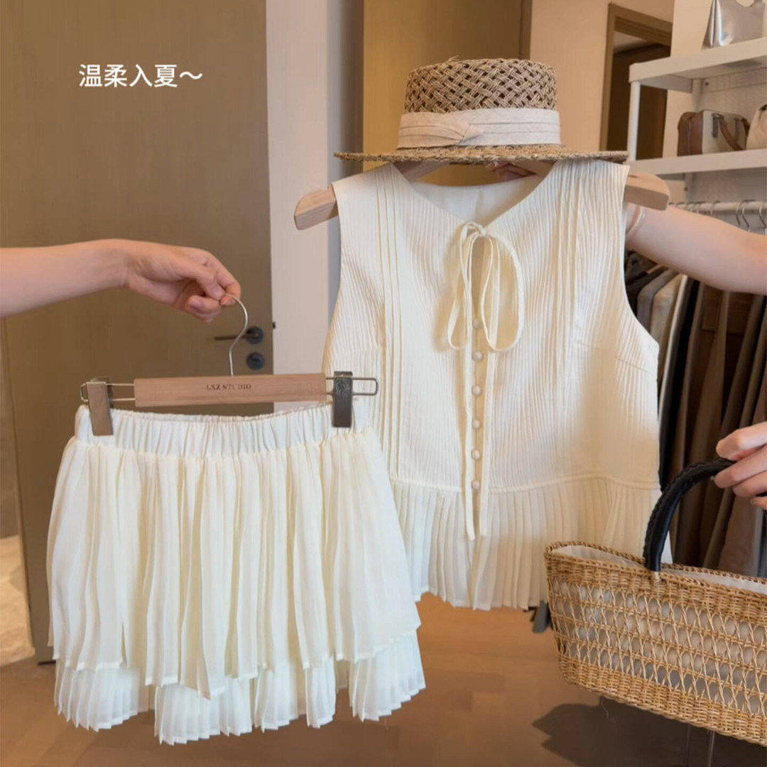 夏天穿搭一整套休闲小香风套装女无袖系带背心上衣蛋糕短裙两件套