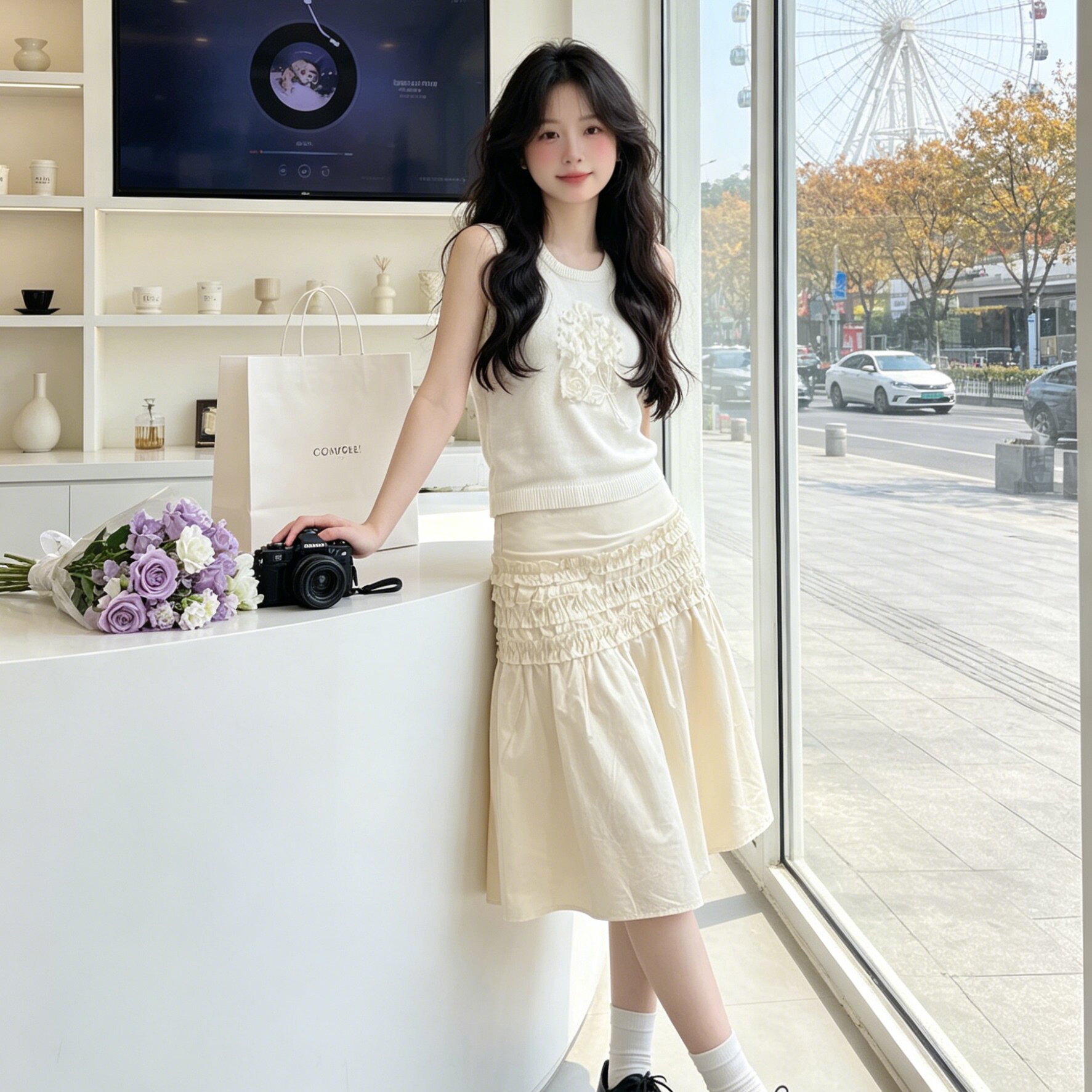 日杂风套装女夏季洋派减龄花朵杏色无袖背心搭配A字半身裙两件套