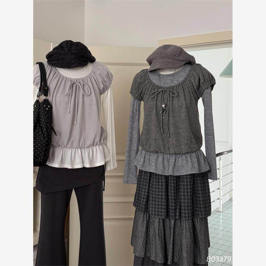 2025秋季新款木耳边设计感两件套女长袖T恤外搭上衣 潮