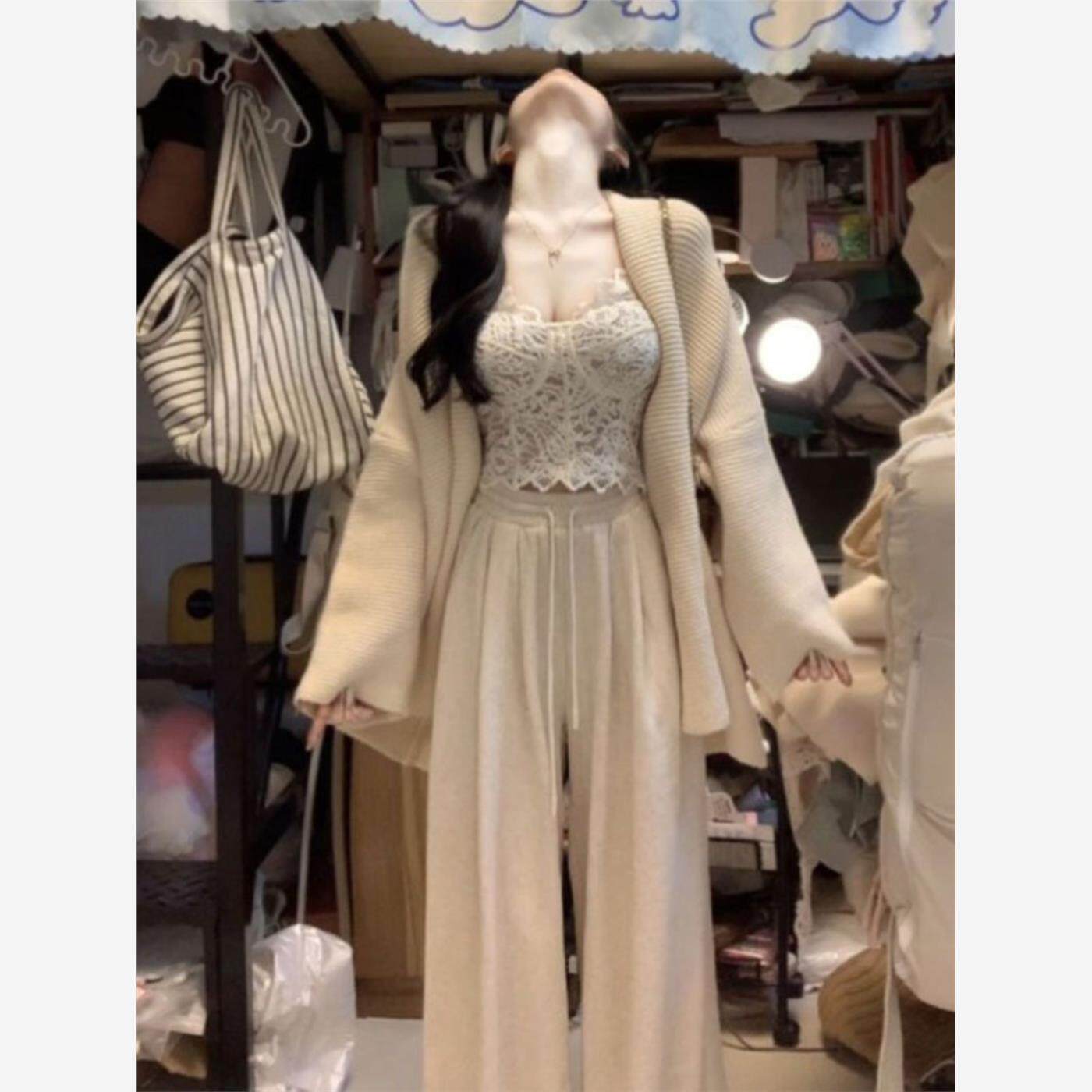 初秋新款套装裤韩系高级感时尚慵懒风毛衣外套吊带长裤三件套休闲