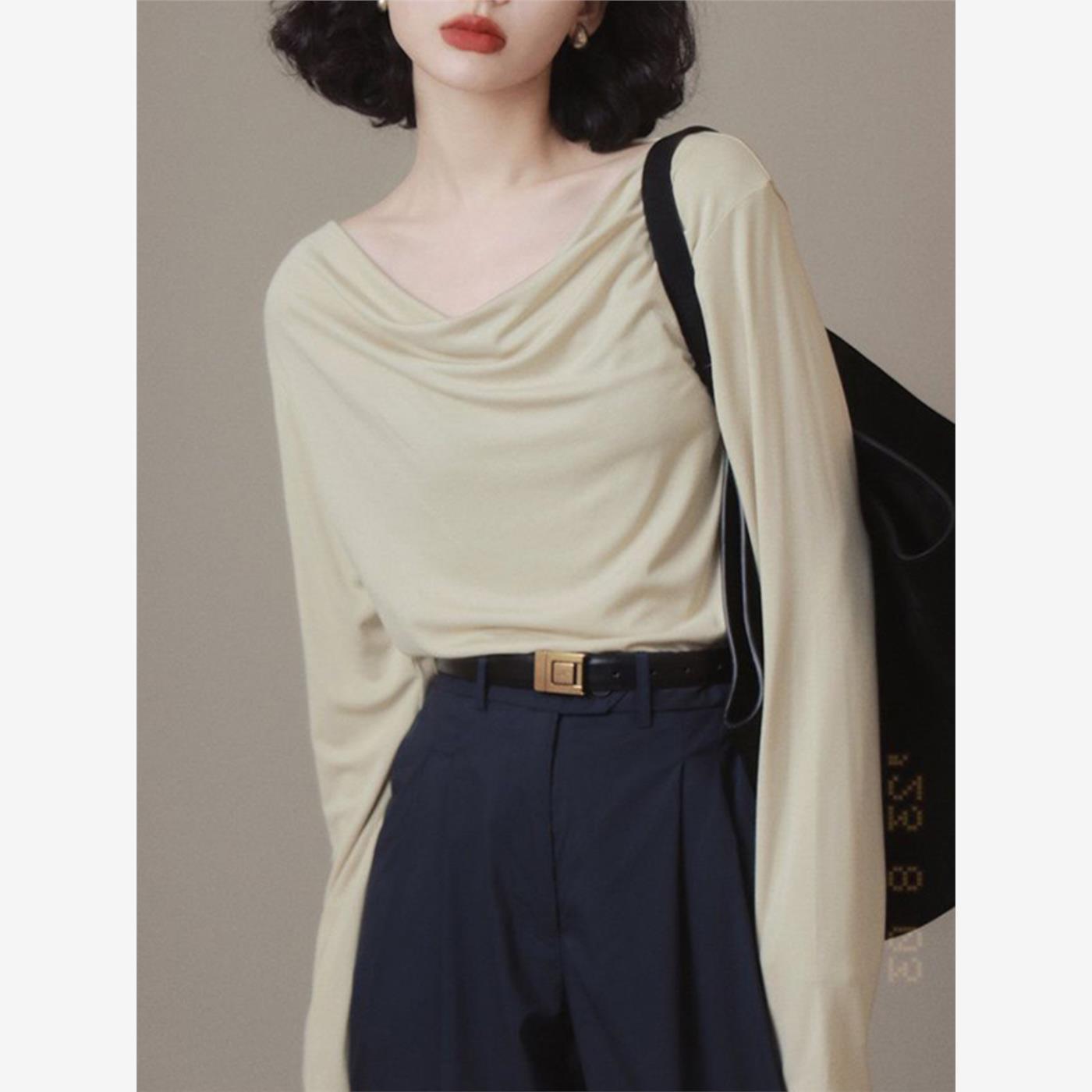 法式通勤荡领不规则罩衫T恤女装2025秋季新款长袖高级感修身上衣