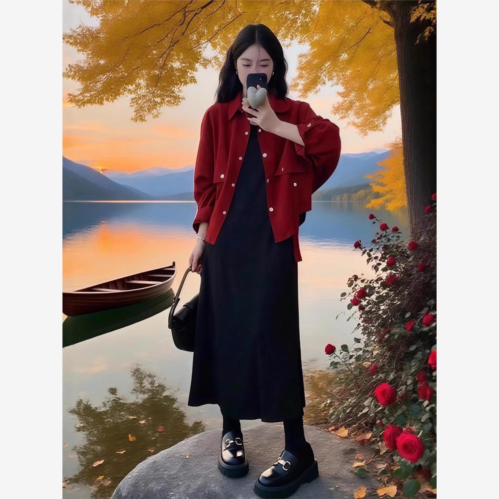秋装搭配一整套女2025新款高级感红色外套连衣裙巨好看的两件套装