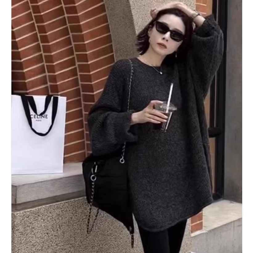 秋冬装大板型大码慵懒风宽松中长款套头毛衣百搭长袖打底针织衫