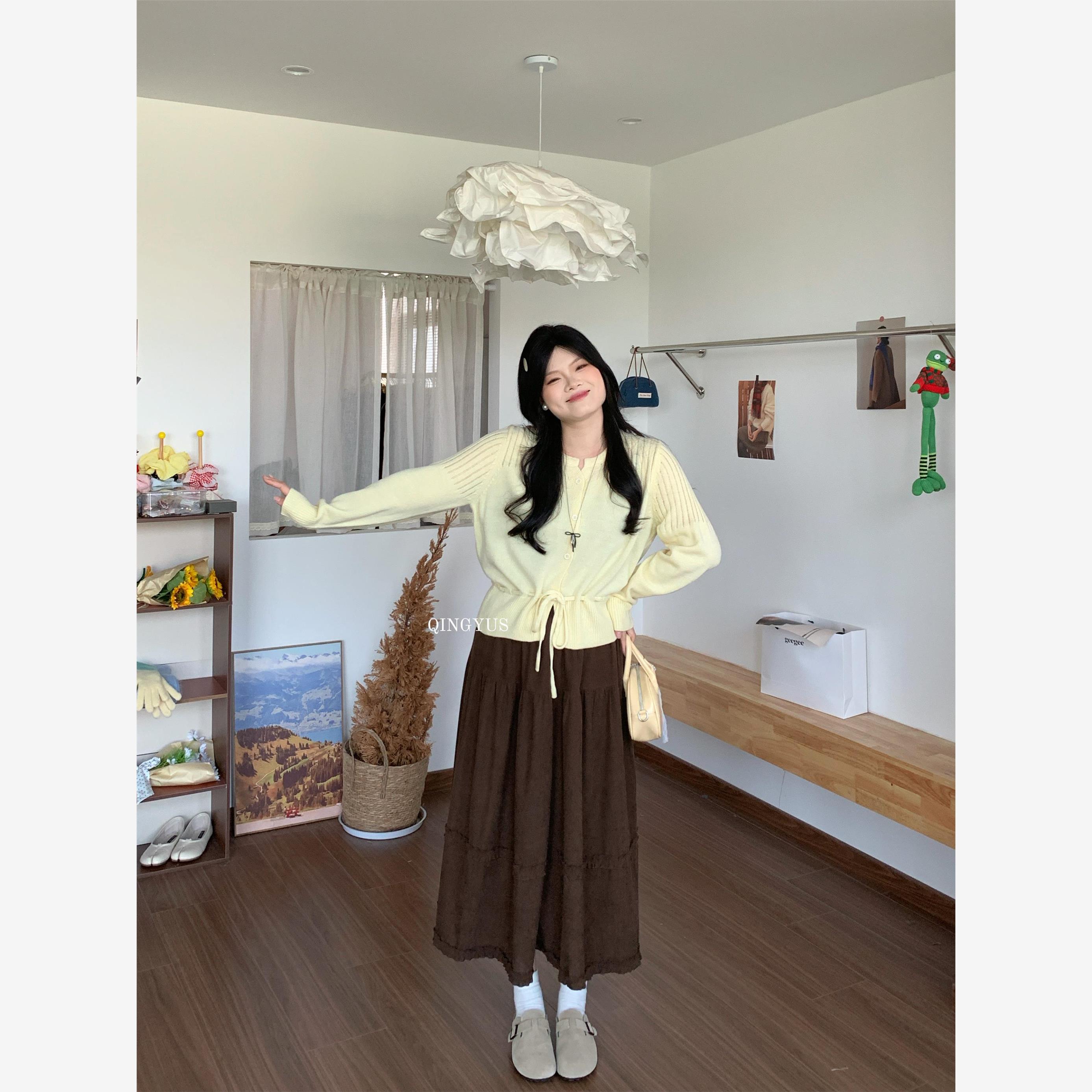 青屿衫-微胖显瘦韩系温柔风气质系带针织开衫女百搭上衣秋季大码