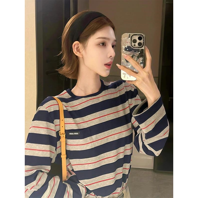 欧洲站高端女装2025早秋新款条纹长袖t恤女慵懒风宽松松弛感上衣