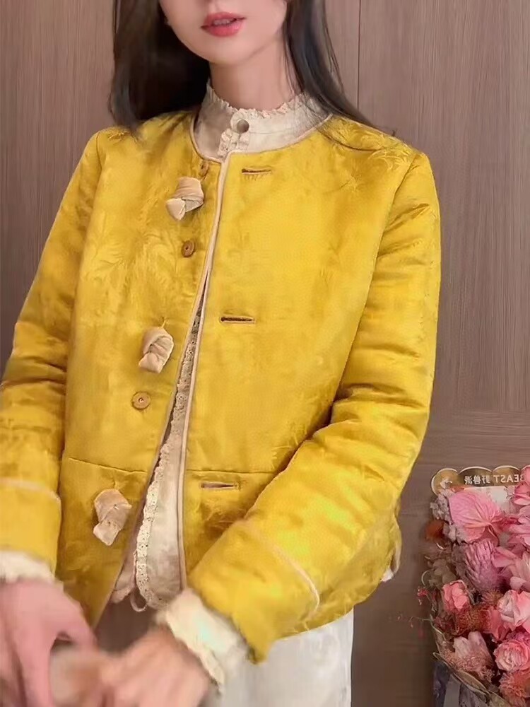 2024秋冬新款女装新中式国风高级感唐装小个子玫红色真丝亚麻外套