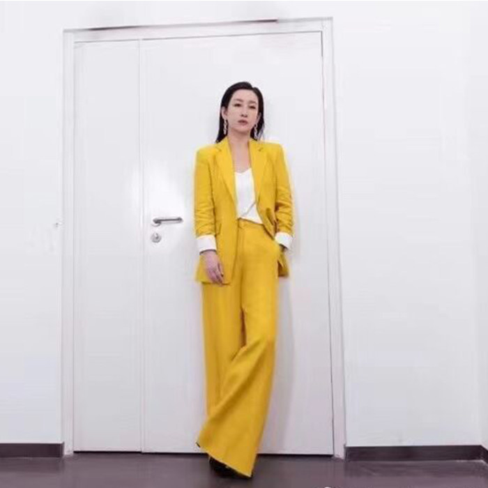 2023春秋新款女装气质西装领两粒扣羊毛亮黄色西服外套阔腿裤套装