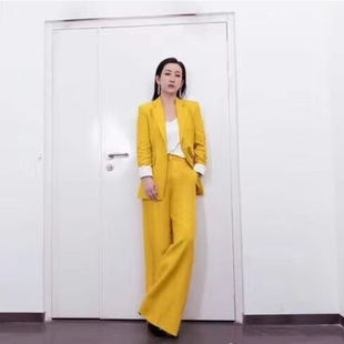 領(lǐng)兩粒扣羊毛亮黃色西服外套闊腿褲 2023春秋新款 女裝 氣質(zhì)西裝 套裝