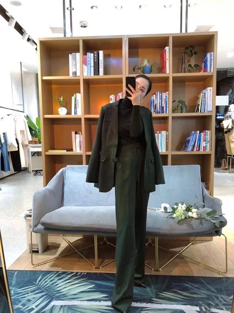 2022秋冬新款女装设计师高定西装气质羊毛墨绿色外套直筒长裤套装